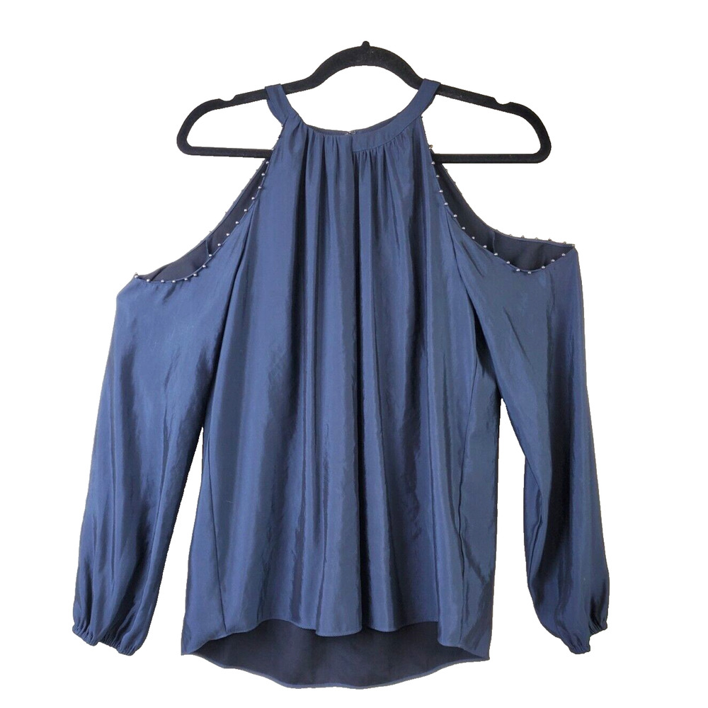 RAMY BROOK Top Womens Small Blue Satin Long Sleeve Beaded Open Shoulder